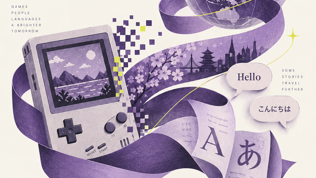 Games Across Languages: illustrated cover art for the Twine project, showing a Game Boy dissolving into pixels, a ribbon linking cherry blossoms and a city skyline, and English/Japanese speech bubbles