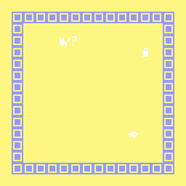 Whisker the cat exploring a small pixel-art room, with a fish and a key nearby