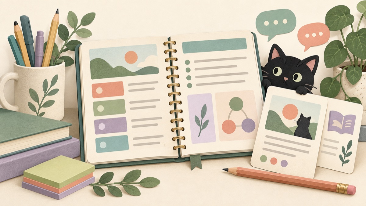 Illustrated lesson planner, learning cards, and a curious black cat