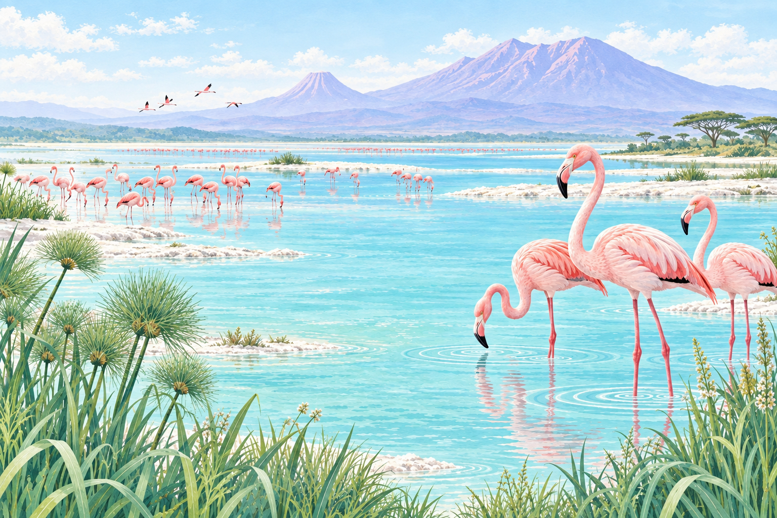 Illustrated flamingo wetland from the revised Flamingo Journey game